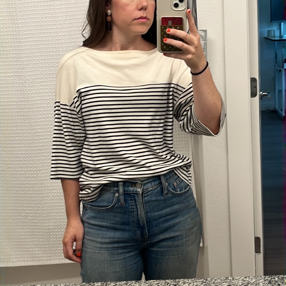 Theory Drop Shoulder Jersey Striped 3/4 Sleeve Top